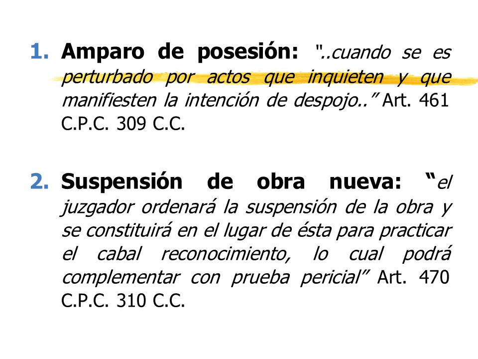 Amparo de posesión: ..cuando se es perturbado por actos que inquieten y que manifiesten la intención de despojo.. Art. 461 C.P.C. 309 C.C.