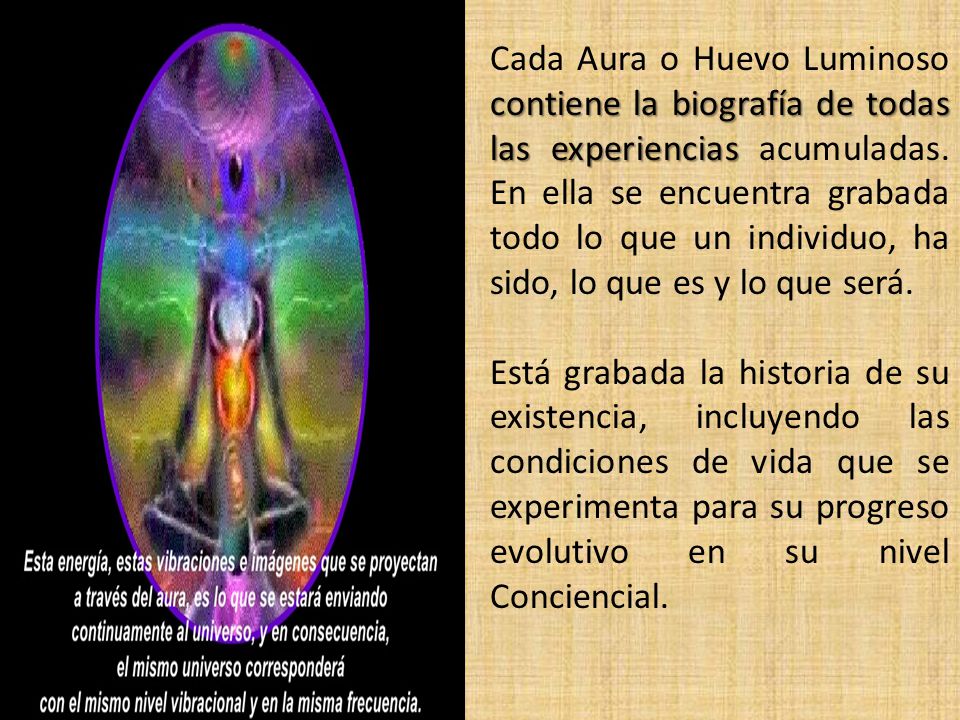 Cada Aura o Huevo Luminoso contiene la biografía de todas las experiencias acumuladas. En ella se encuentra grabada todo lo que un individuo, ha sido, lo que es y lo que será.
