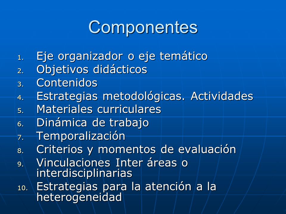 Componentes Eje organizador o eje temático Objetivos didácticos