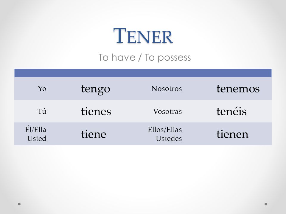 Tener tengo tenemos tienes tenéis tiene tienen To have / To possess Yo