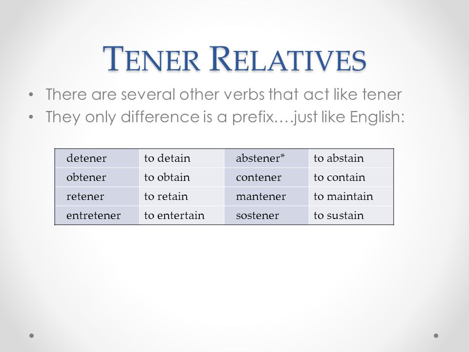 Tener Relatives There are several other verbs that act like tener