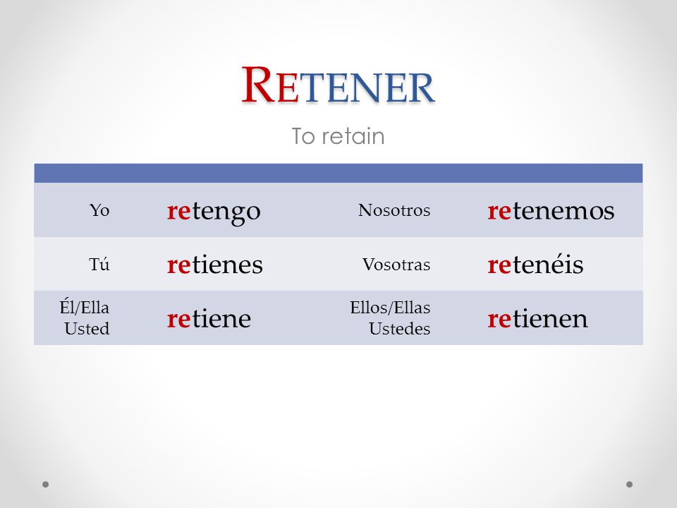 Retener re tengo tenemos tienes tenéis tiene tienen To retain Yo