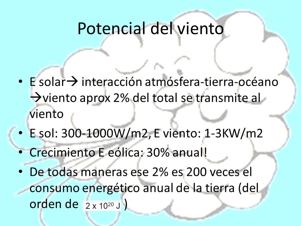 Potencial del viento E solar interacción atmósfera-tierra-océano viento aprox 2% del total se transmite al viento.