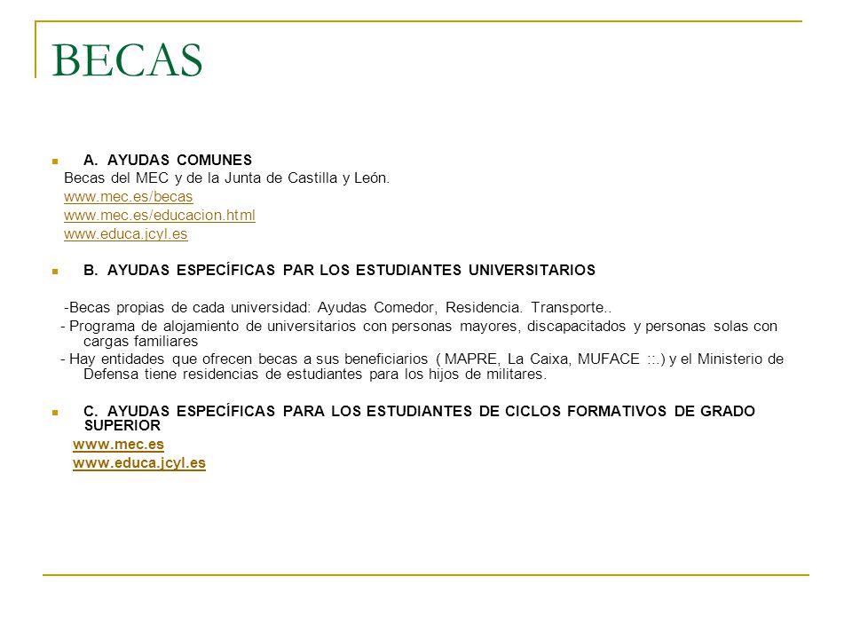 BECAS A. AYUDAS COMUNES. Becas del MEC y de la Junta de Castilla y León.