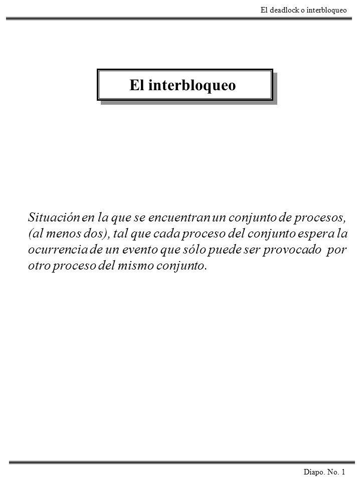 El interbloqueo Situación en la que se encuentran un conjunto de procesos, (al menos dos), tal que cada proceso del conjunto espera la.
