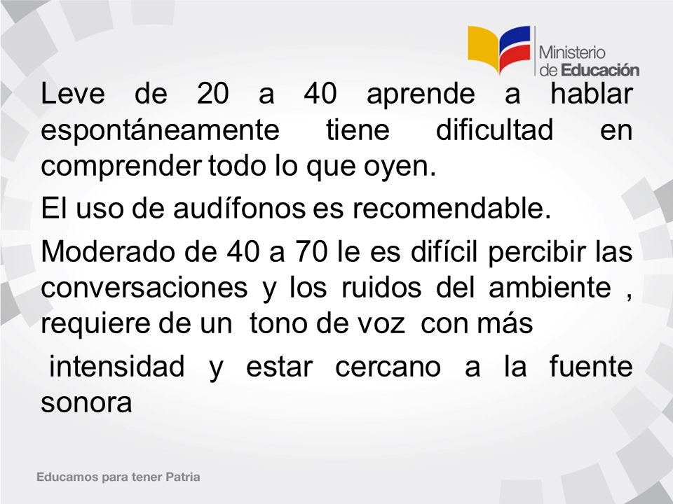 Leve de 20 a 40 aprende a hablar espontáneamente tiene dificultad en comprender todo lo que oyen.