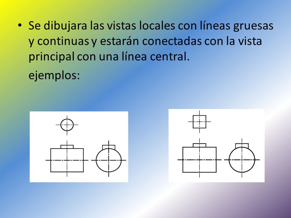Se dibujara las vistas locales con líneas gruesas y continuas y estarán conectadas con la vista principal con una línea central.