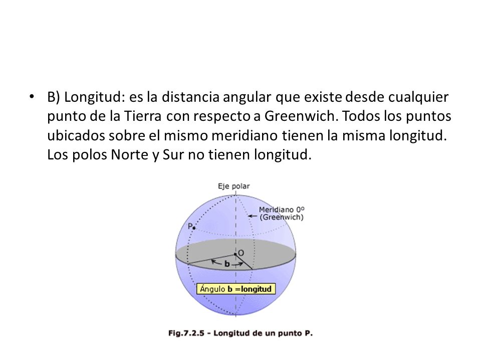 B) Longitud: es la distancia angular que existe desde cualquier punto de la Tierra con respecto a Greenwich.