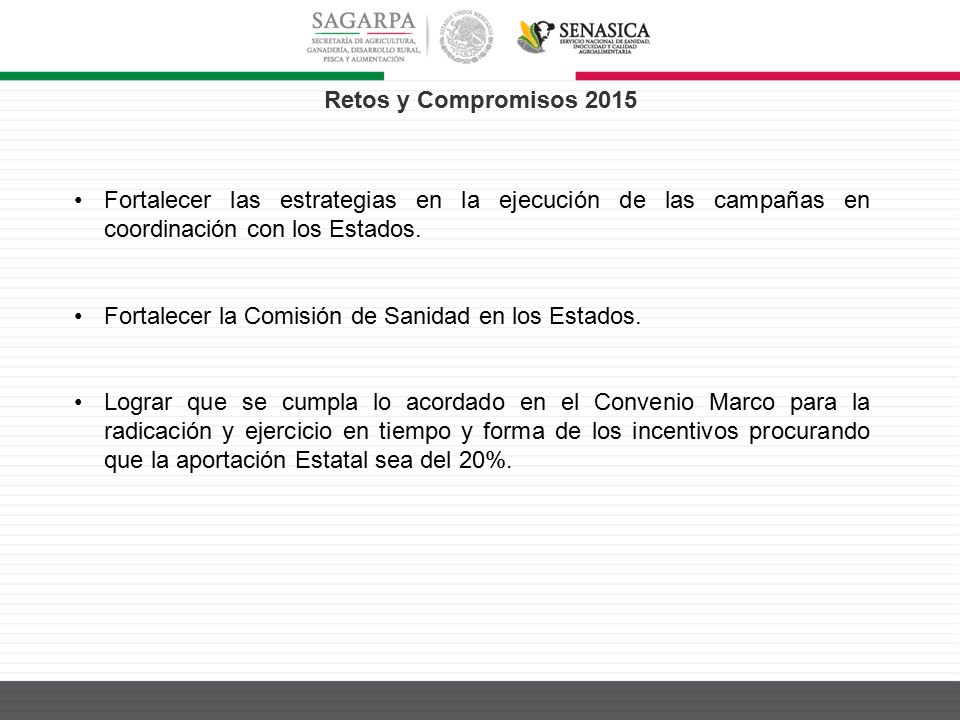 Retos y Compromisos 2015 Fortalecer las estrategias en la ejecución de las campañas en coordinación con los Estados.
