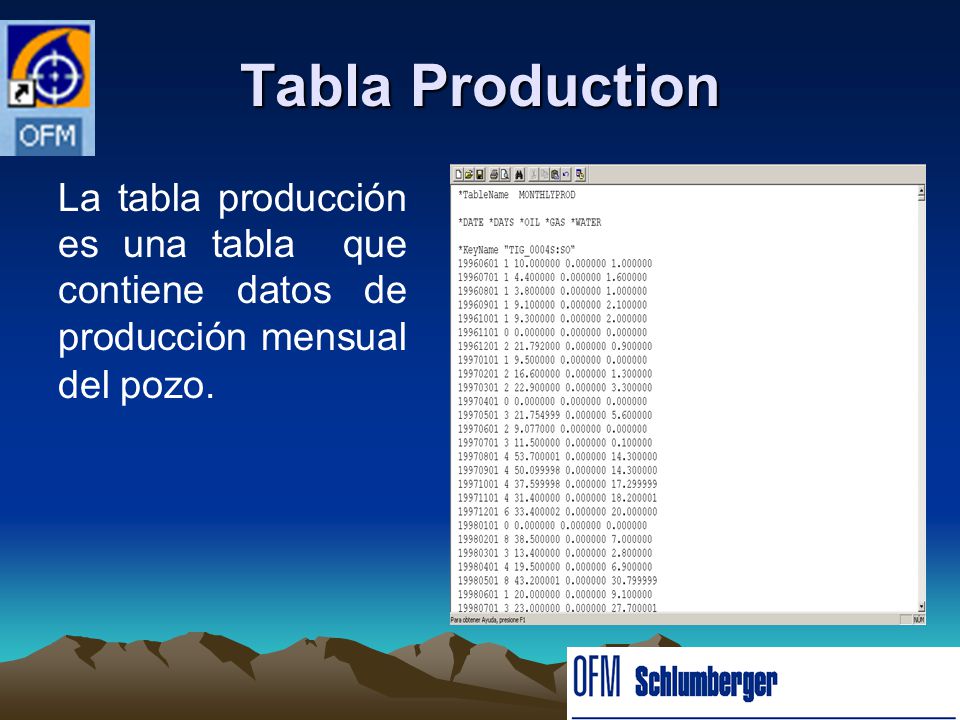 Tabla Production La tabla producción es una tabla que contiene datos de producción mensual del pozo.