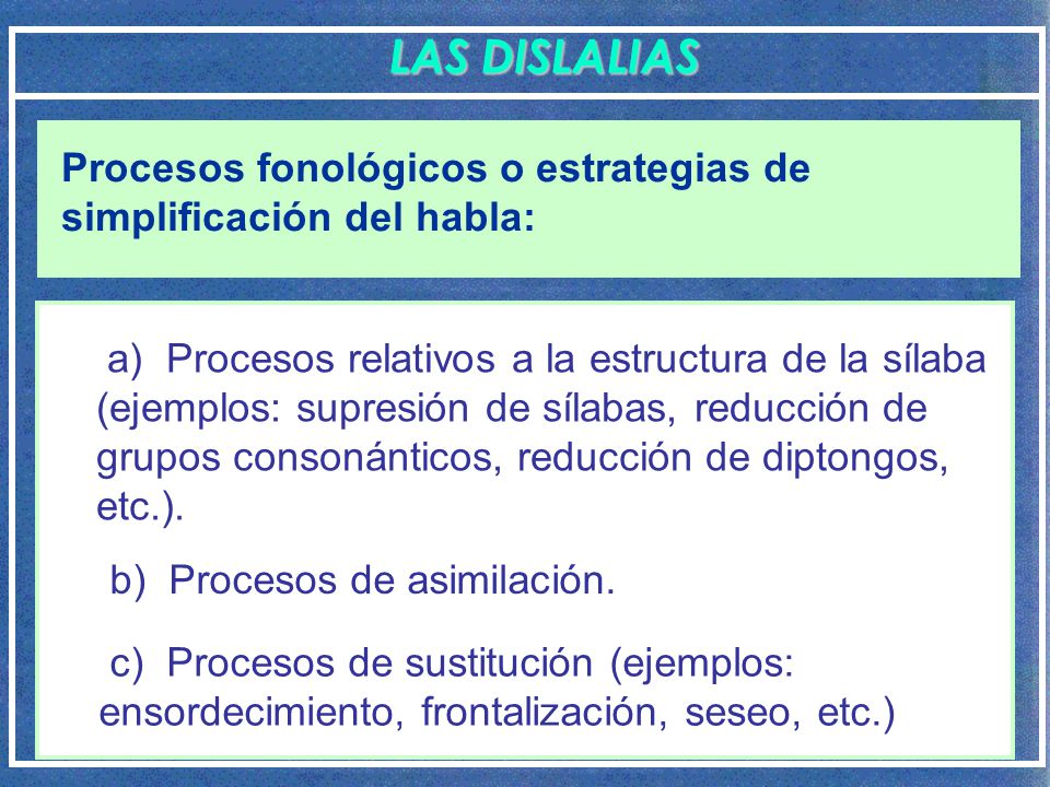 LAS DISLALIAS Procesos fonológicos o estrategias de simplificación del habla: