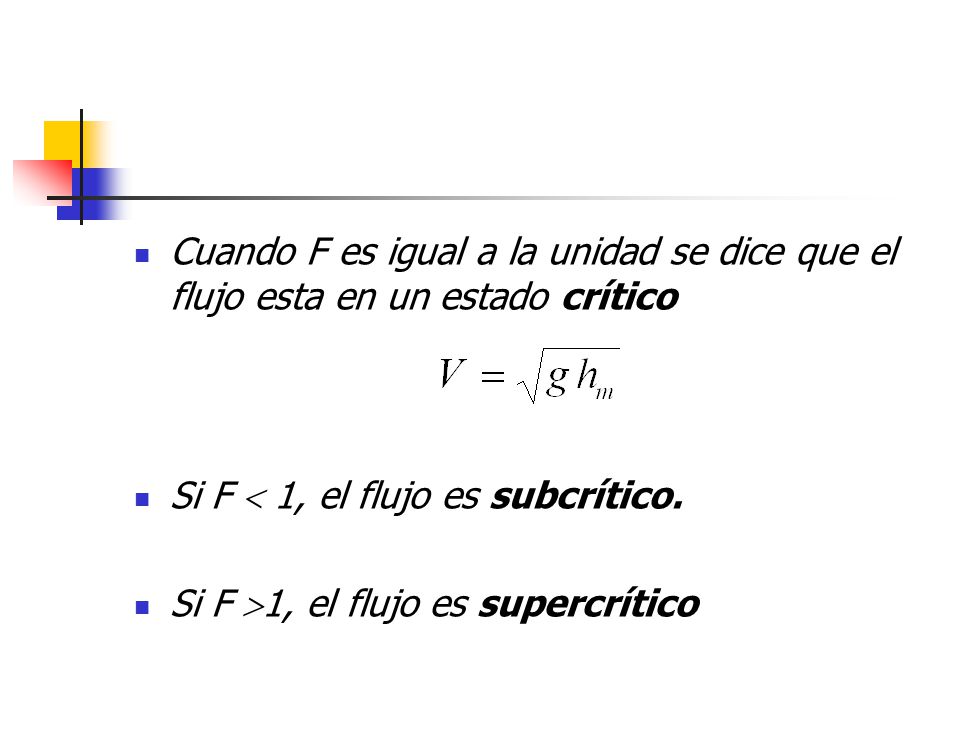 Cuando F es igual a la unidad se dice que el flujo esta en un estado crítico