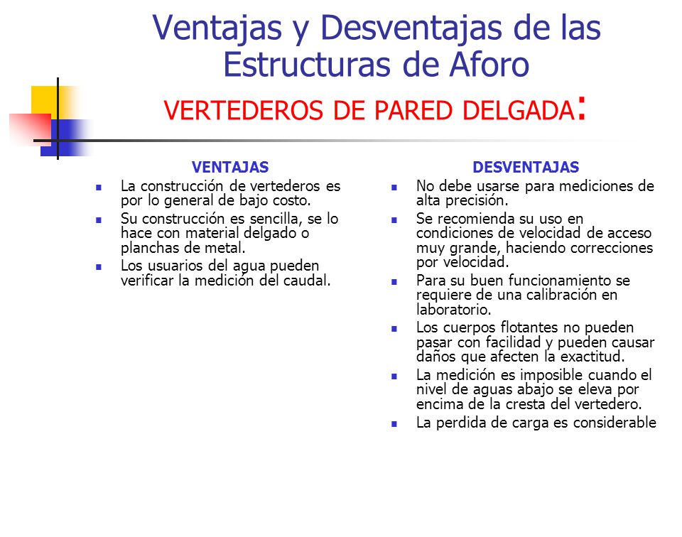 Ventajas y Desventajas de las Estructuras de Aforo VERTEDEROS DE PARED DELGADA: