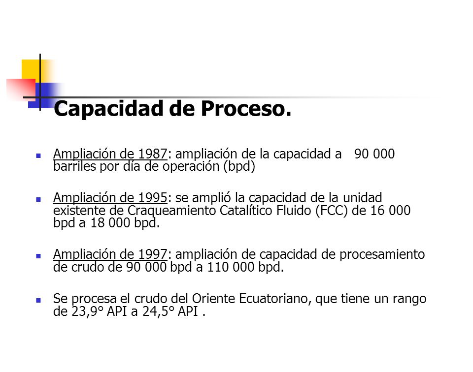 Capacidad de Proceso. Ampliación de 1987: ampliación de la capacidad a barriles por día de operación (bpd)