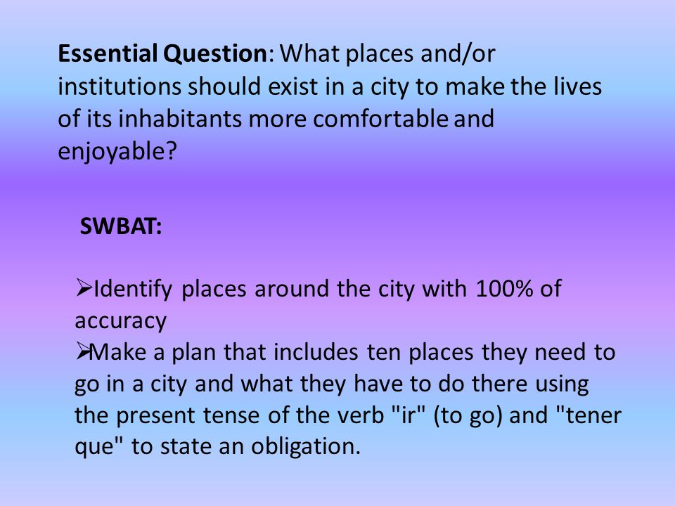 Essential Question: What places and/or institutions should exist in a city to make the lives of its inhabitants more comfortable and enjoyable