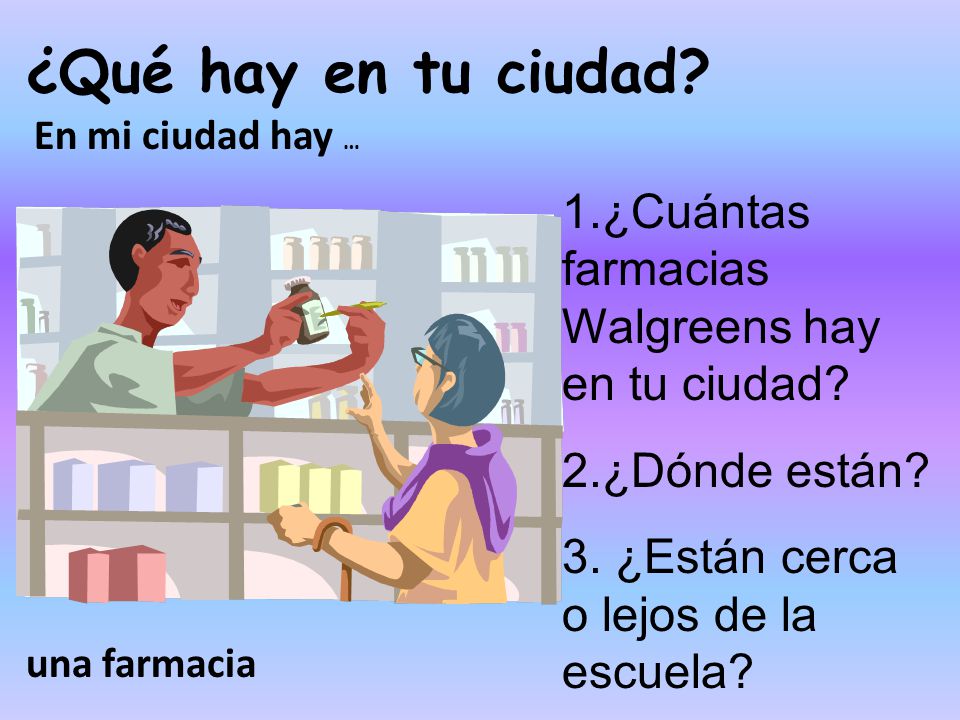 ¿Qué hay en tu ciudad En mi ciudad hay … 1.¿Cuántas farmacias Walgreens hay en tu ciudad 2.¿Dónde están