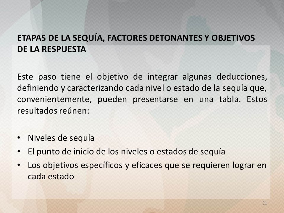 ETAPAS DE LA SEQUÍA, FACTORES DETONANTES Y OBJETIVOS DE LA RESPUESTA