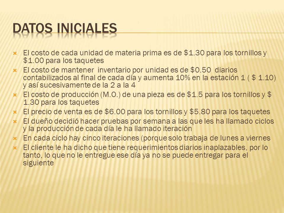 DATOS INICIALES El costo de cada unidad de materia prima es de $1.30 para los tornillos y $1.00 para los taquetes.
