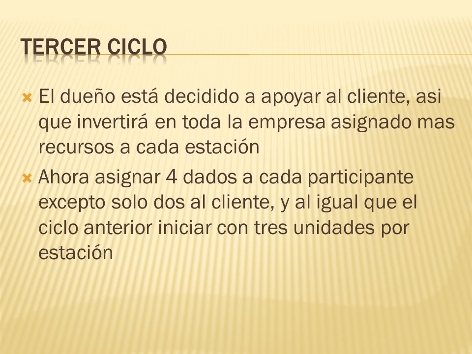 Tercer ciclo El dueño está decidido a apoyar al cliente, asi que invertirá en toda la empresa asignado mas recursos a cada estación.
