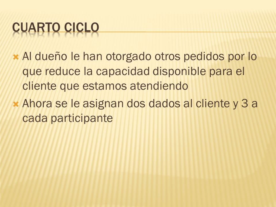 Cuarto ciclo Al dueño le han otorgado otros pedidos por lo que reduce la capacidad disponible para el cliente que estamos atendiendo.
