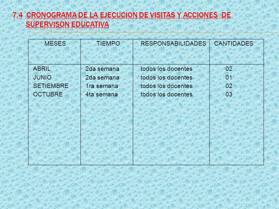 7.4 CRONOGRAMA DE LA EJECUCION DE VISITAS Y ACCIONES DE SUPERVISON EDUCATIVA