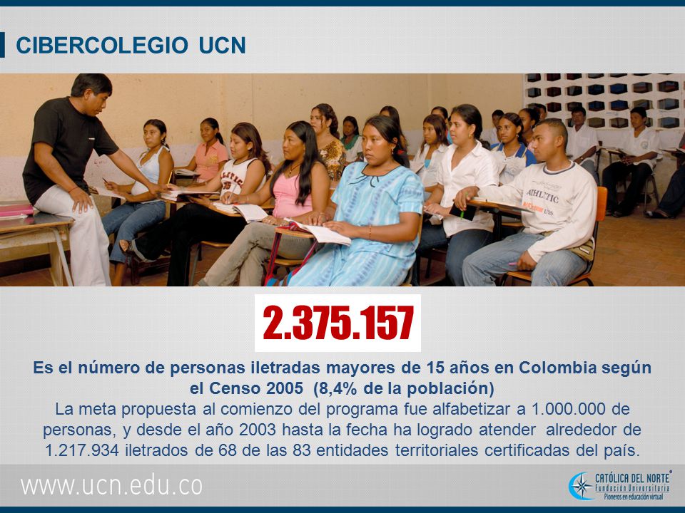 CIBERCOLEGIO UCN Es el número de personas iletradas mayores de 15 años en Colombia según el Censo 2005 (8,4% de la población)