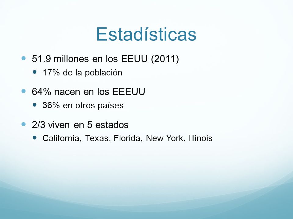 Estadísticas 51.9 millones en los EEUU (2011) 64% nacen en los EEEUU