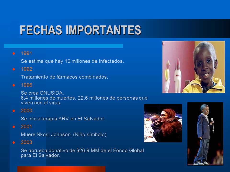 FECHAS IMPORTANTES 1991 Se estima que hay 10 millones de infectados.