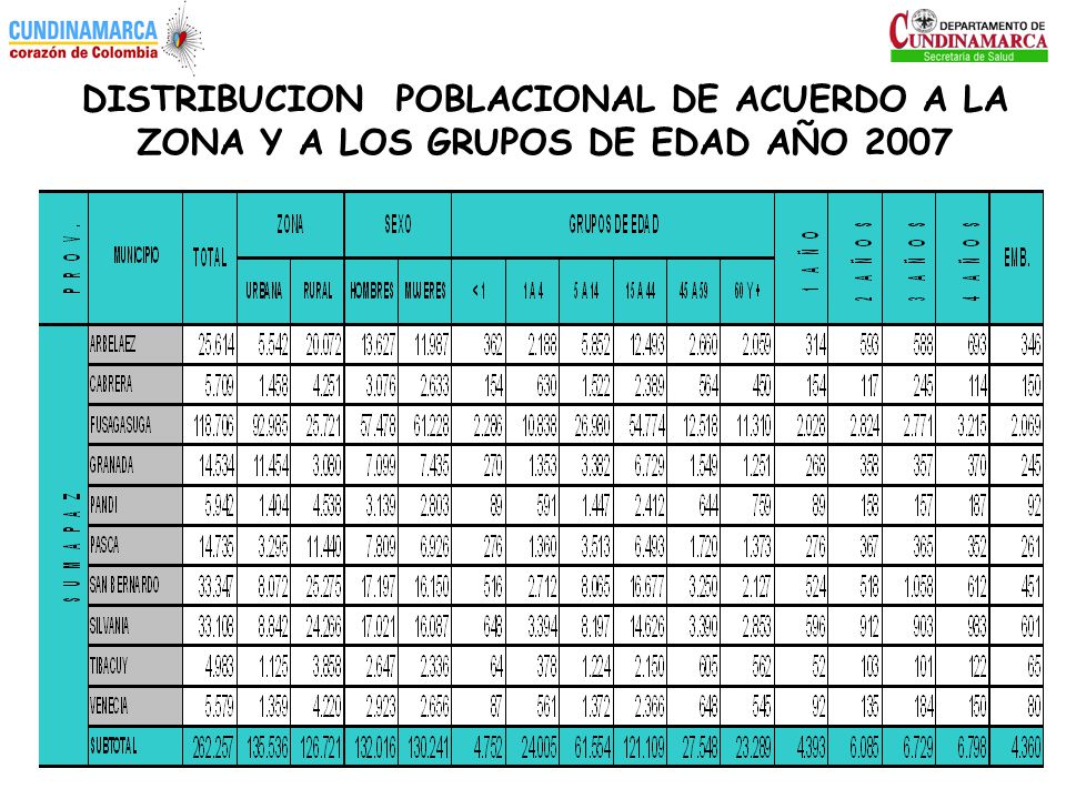DISTRIBUCION POBLACIONAL DE ACUERDO A LA ZONA Y A LOS GRUPOS DE EDAD AÑO 2007
