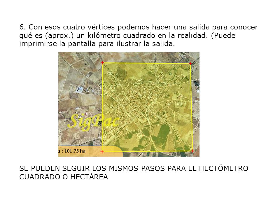 6. Con esos cuatro vértices podemos hacer una salida para conocer qué es (aprox.) un kilómetro cuadrado en la realidad. (Puede imprimirse la pantalla para ilustrar la salida.