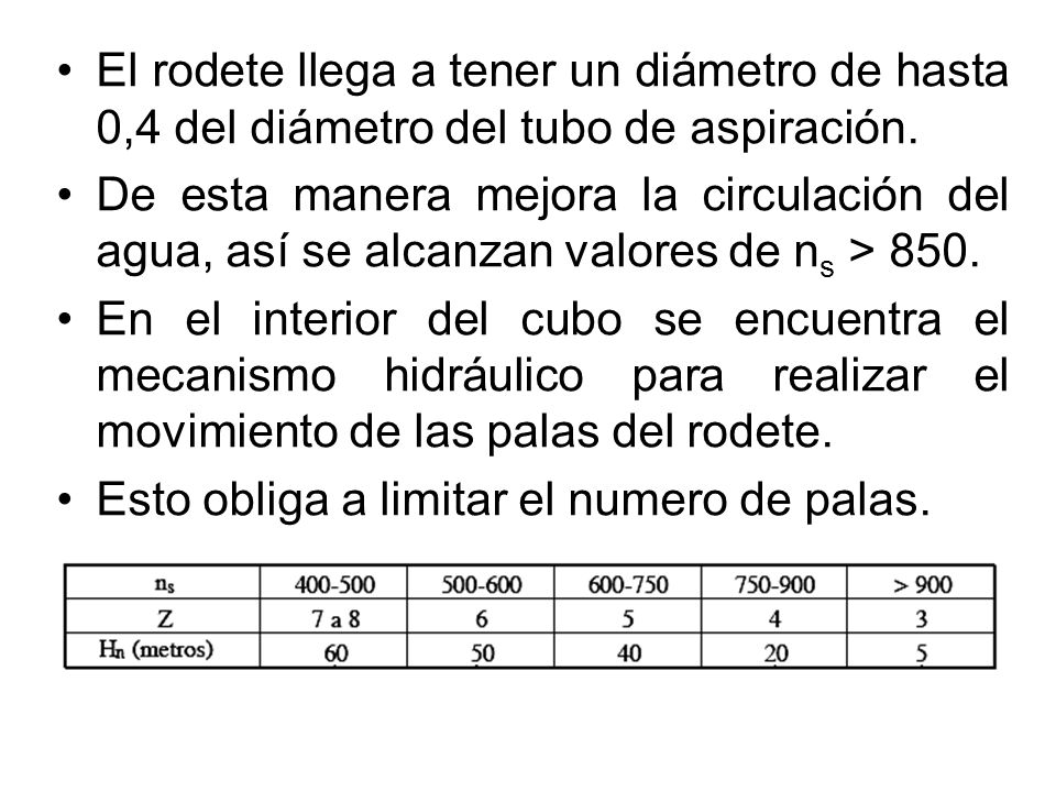 El rodete llega a tener un diámetro de hasta 0,4 del diámetro del tubo de aspiración.
