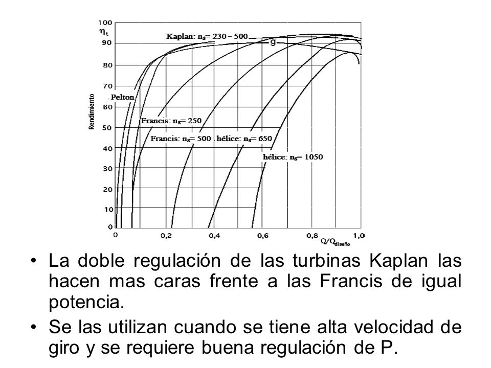 La doble regulación de las turbinas Kaplan las hacen mas caras frente a las Francis de igual potencia.