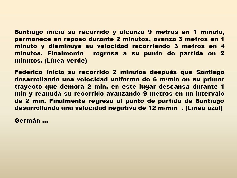 Santiago inicia su recorrido y alcanza 9 metros en 1 minuto, permanece en reposo durante 2 minutos, avanza 3 metros en 1 minuto y disminuye su velocidad recorriendo 3 metros en 4 minutos. Finalmente regresa a su punto de partida en 2 minutos. (Línea verde)
