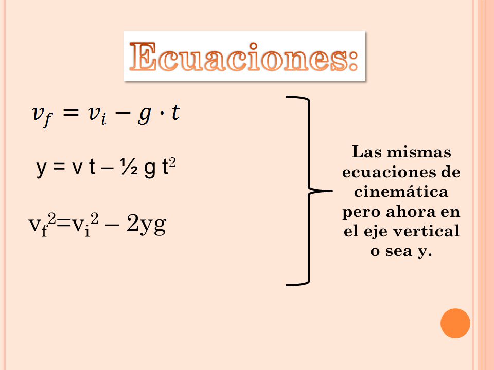 Ecuaciones: vf2=vi2 – 2yg y = v t – ½ g t2