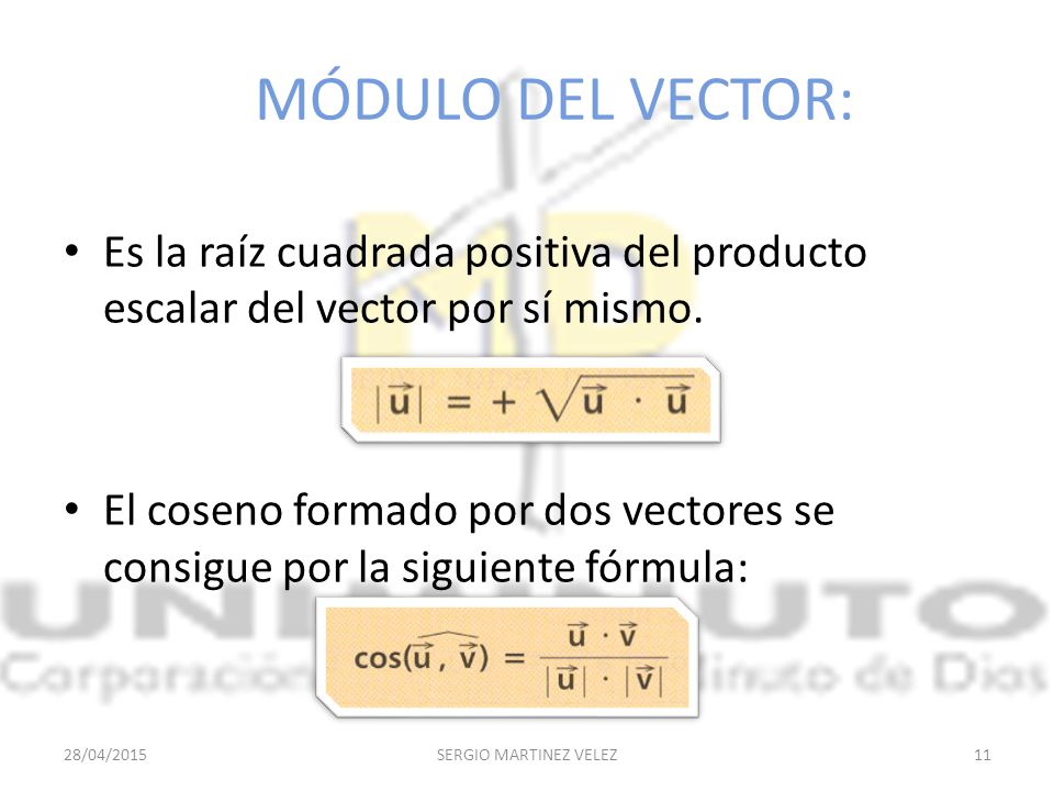MÓDULO DEL VECTOR: Es la raíz cuadrada positiva del producto escalar del vector por sí mismo.
