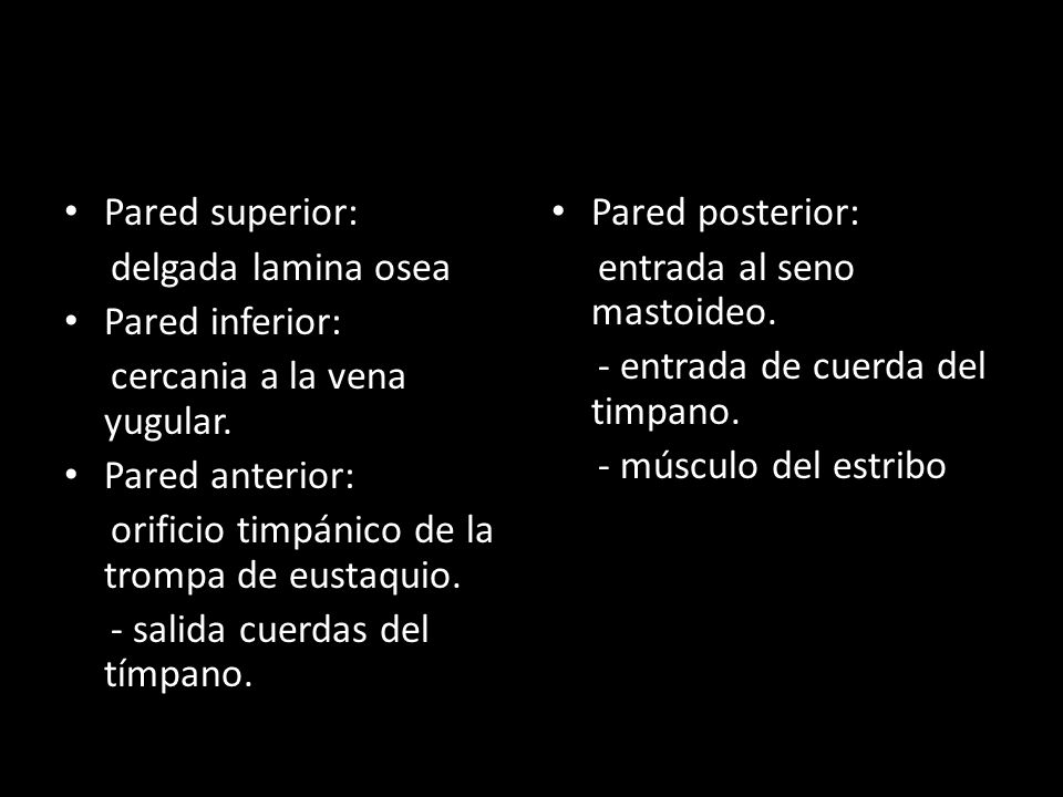 Pared superior: delgada lamina osea. Pared inferior: cercania a la vena yugular. Pared anterior: