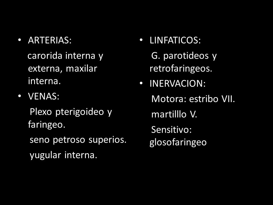 ARTERIAS: carorida interna y externa, maxilar interna. VENAS: Plexo pterigoideo y faringeo. seno petroso superios.