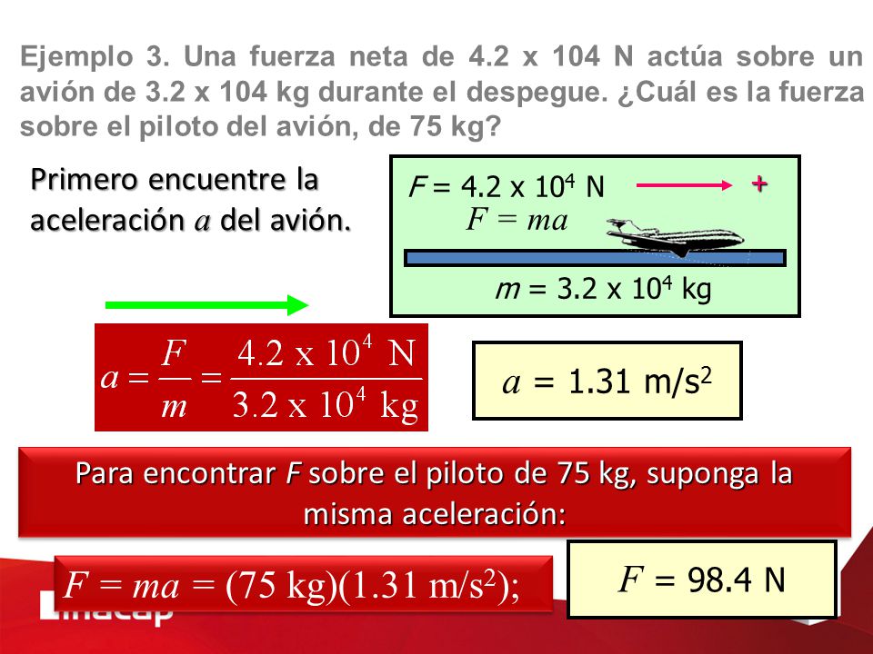 a = 1.31 m/s2 F = 98.4 N F = ma = (75 kg)(1.31 m/s2);