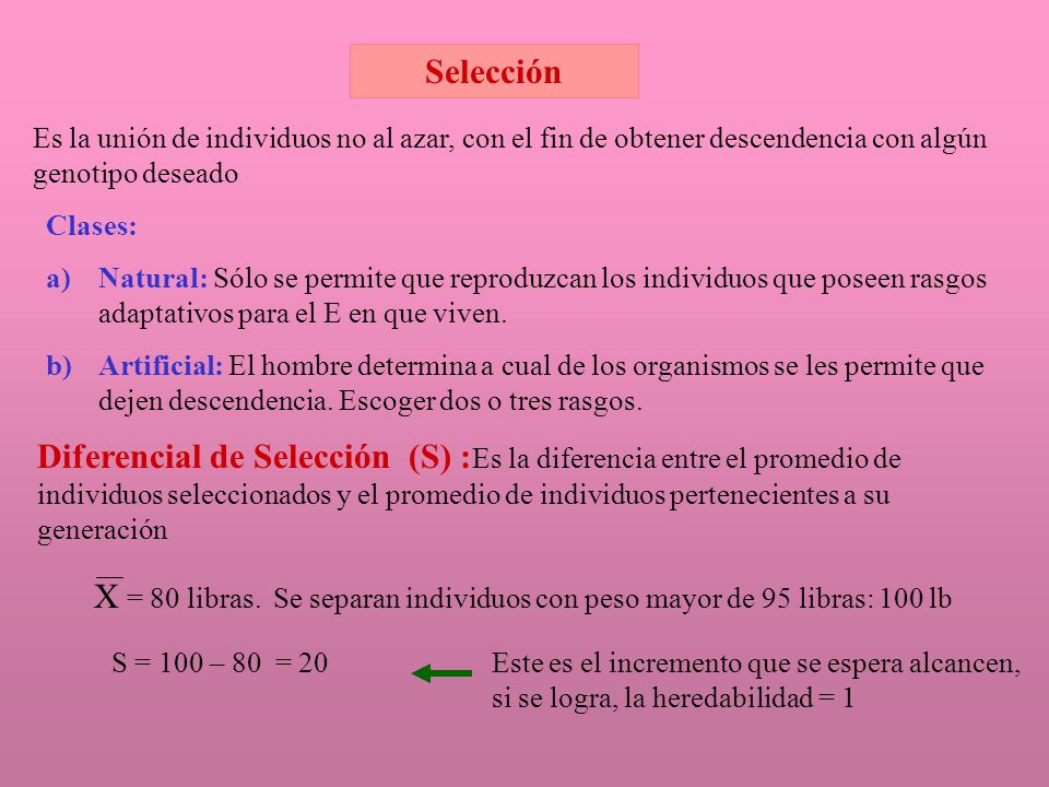 Selección Es la unión de individuos no al azar, con el fin de obtener descendencia con algún genotipo deseado.