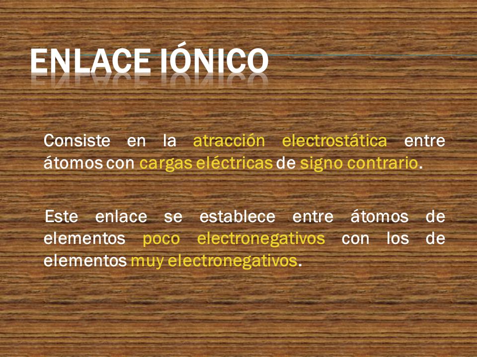 Enlace Iónico Consiste en la atracción electrostática entre átomos con cargas eléctricas de signo contrario.