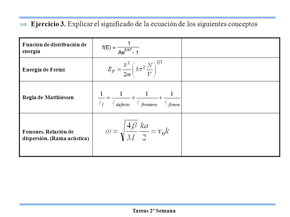 Ejercicio 3. Explicar el significado de la ecuación de los siguientes conceptos