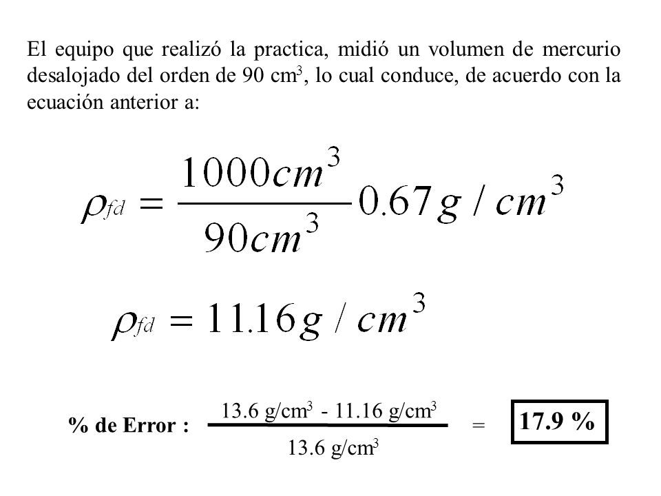 El equipo que realizó la practica, midió un volumen de mercurio desalojado del orden de 90 cm3, lo cual conduce, de acuerdo con la ecuación anterior a: