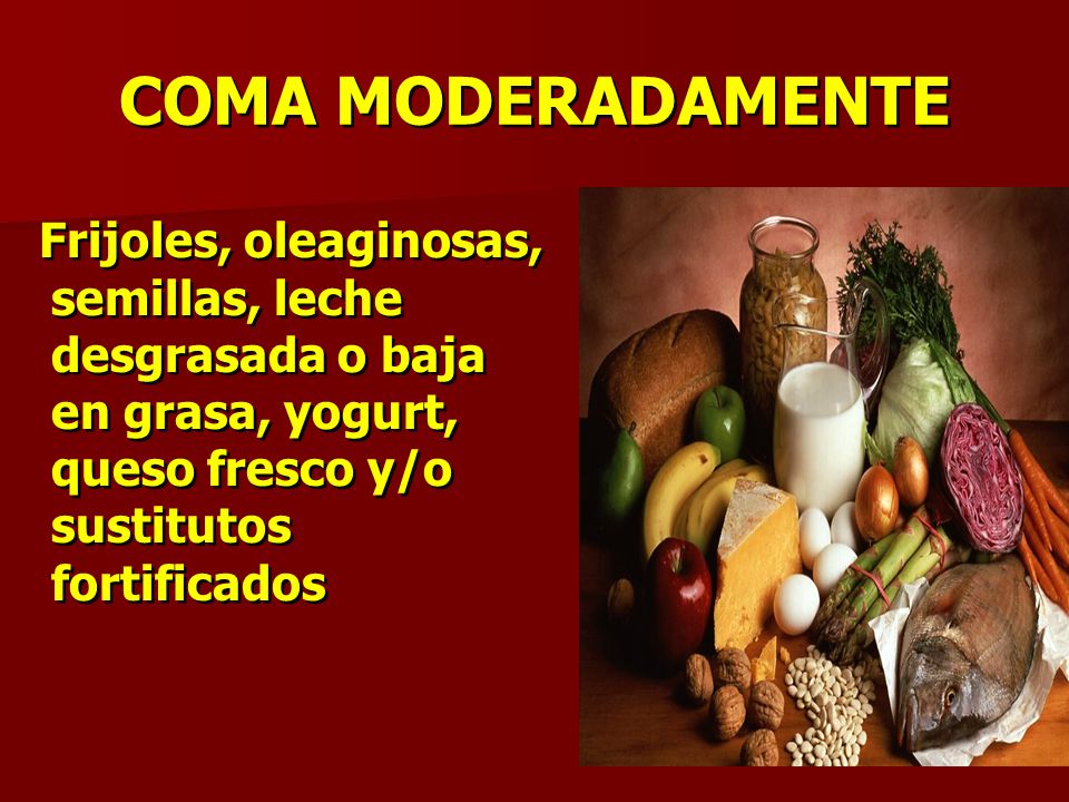 COMA MODERADAMENTE Frijoles, oleaginosas, semillas, leche desgrasada o baja en grasa, yogurt, queso fresco y/o sustitutos fortificados.