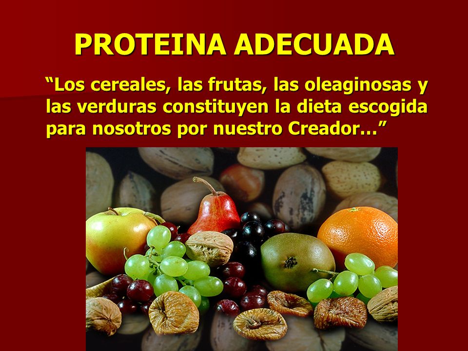 PROTEINA ADECUADA Los cereales, las frutas, las oleaginosas y las verduras constituyen la dieta escogida para nosotros por nuestro Creador…