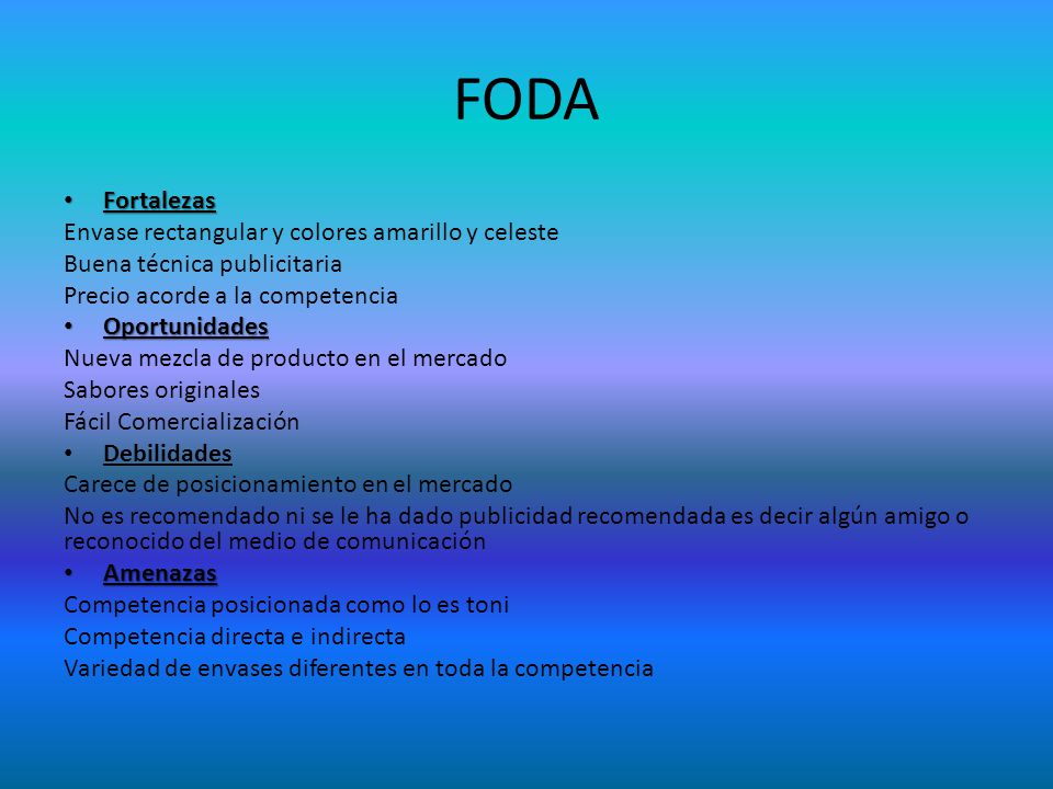 FODA Fortalezas Envase rectangular y colores amarillo y celeste