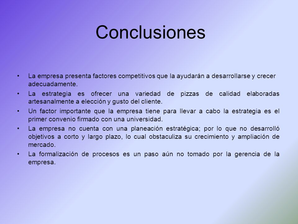 Conclusiones La empresa presenta factores competitivos que la ayudarán a desarrollarse y crecer adecuadamente.