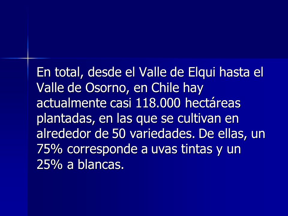 En total, desde el Valle de Elqui hasta el Valle de Osorno, en Chile hay actualmente casi hectáreas plantadas, en las que se cultivan en alrededor de 50 variedades.