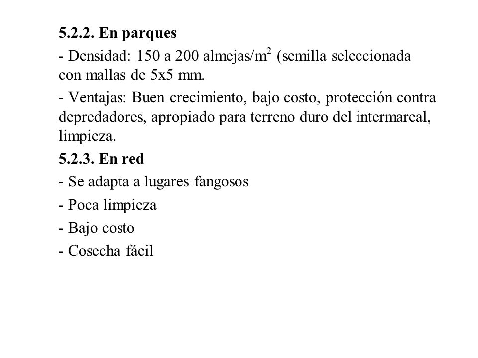 En parques - Densidad: 150 a 200 almejas/m2 (semilla seleccionada con mallas de 5x5 mm.
