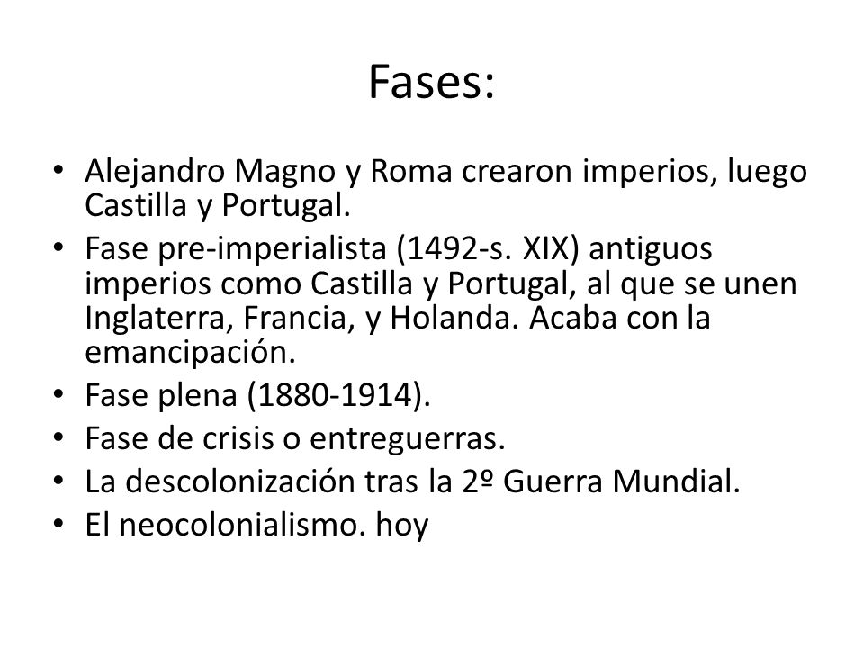 Fases: Alejandro Magno y Roma crearon imperios, luego Castilla y Portugal.