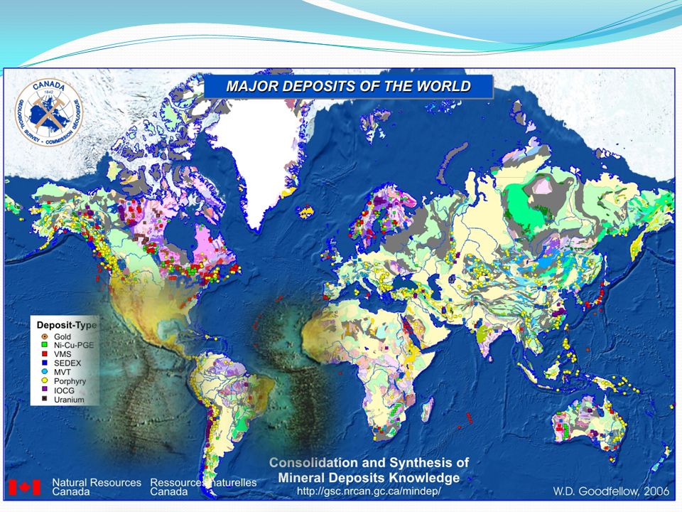 Mapa del mundo mostrando la distribución de los depósitos principales trazadas en el modelo digital de elevación con la geología cubierto de Geological Survey de Canadá, el Open File 2915d, 1995.